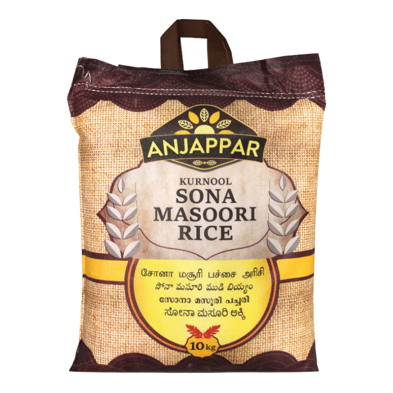 A package of Anjappar Sona Masoori Rice, 10Kg, with branding and text in English and Telugu languages on the front.