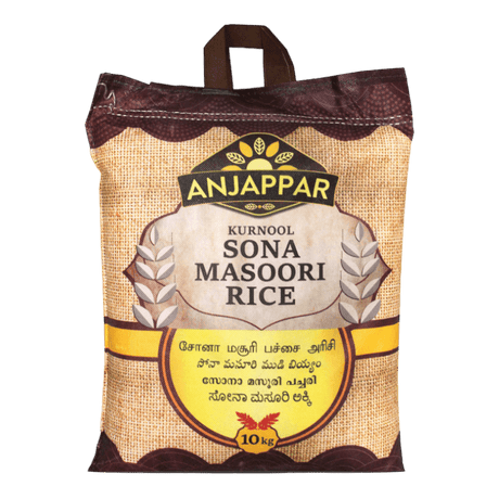 A package of Anjappar Sona Masoori Rice, 10Kg, with branding and text in English and Telugu languages on the front.