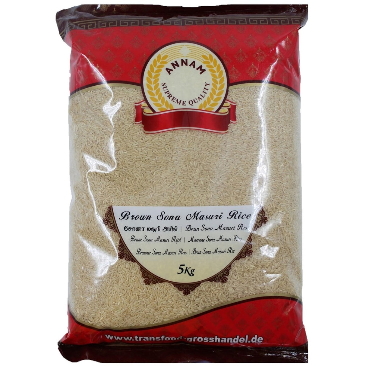 Packaging of Annam Brown Sona Masoori Rice 5Kg, predominantly red and white with an image of the rice grains on the front.