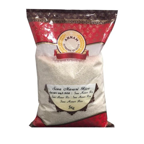 A 5kg bag of Annam Sona Masoori Rice with a red and white color scheme packaging.