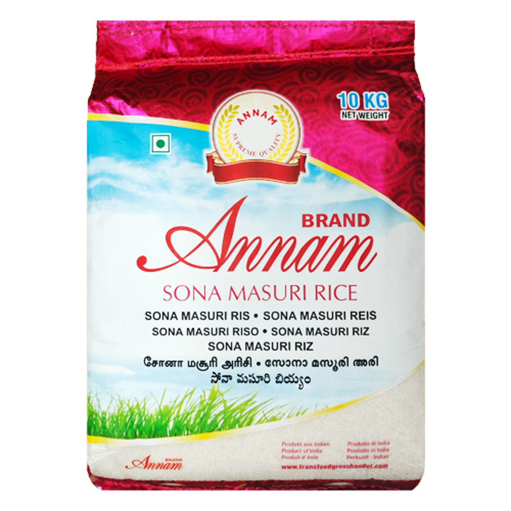 A 10kg pack of Annam Sona Masoori Rice, featuring bright packaging with brand logo and product label clearly displayed.