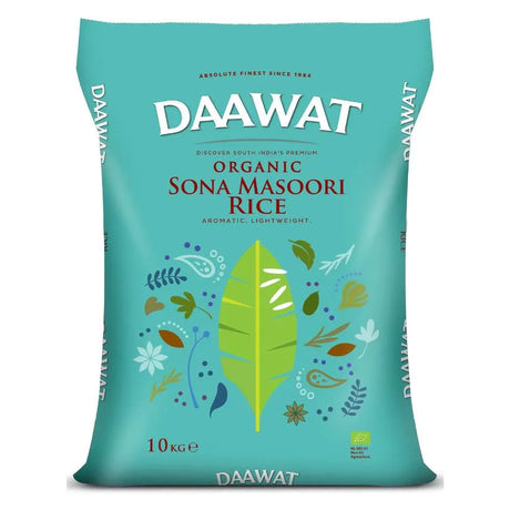A pack of Daawat Organic Sona Masoori Rice, weighing 10kg, with branding and product visible through a clear window.