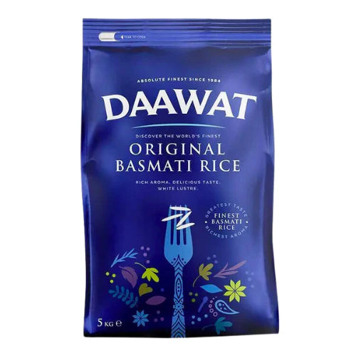 A 5kg bag of Daawat Original Basmati Rice with a blue color scheme and floral graphics.