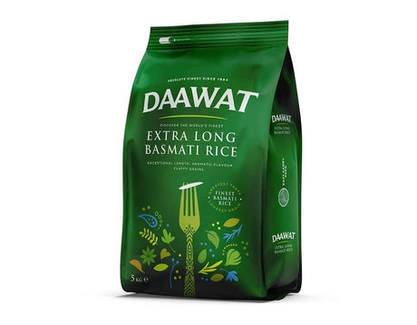 A 5 kg bag of Daawat Extra Long Basmati Rice, with a predominantly green color scheme and branding visible.