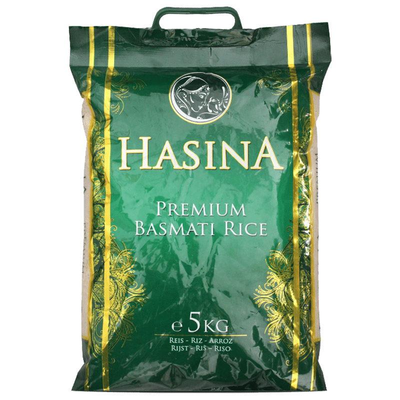A 5Kg bag of Hasina Premium Basmati Rice with a green and yellow color scheme.
