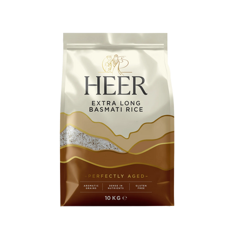 A 10kg bag of Heer Extra Long Basmati Rice with a gold and white color scheme, featuring the brand logo and product name.