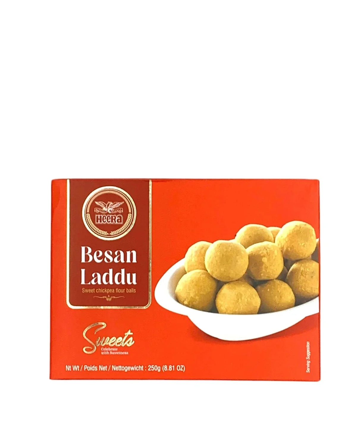 Box of Besan Laddu with a red background