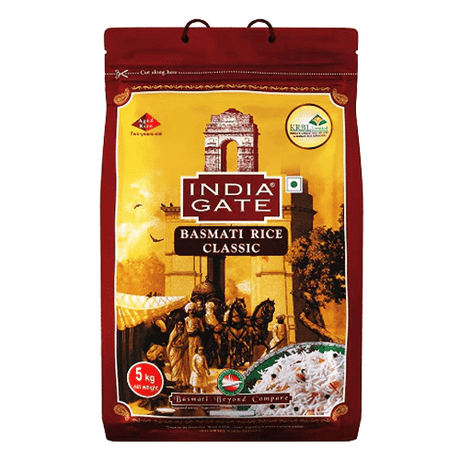 A package of India Gate Classic Basmati Rice, 5 kg, with the product visible through a clear window.