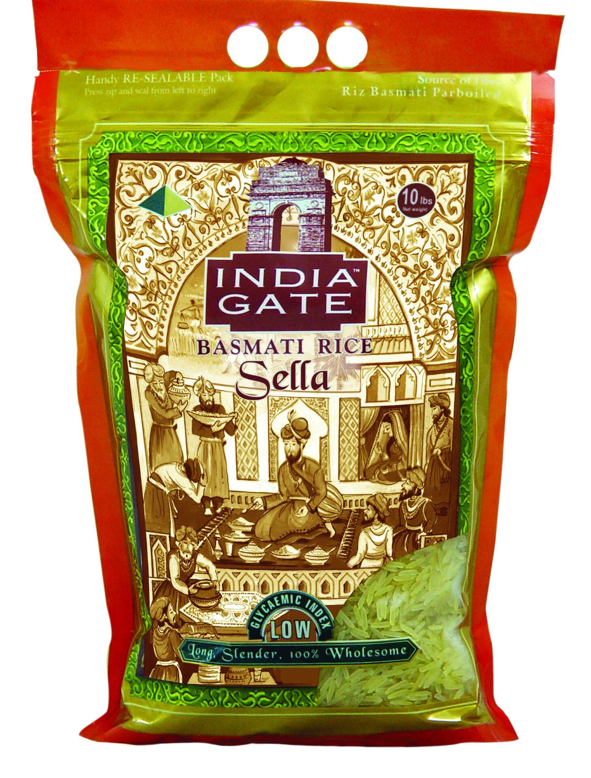 A pack of India Gate Golden Sella Basmati Rice, 10Kg, with branding and packaging displaying cultural imagery and text.
