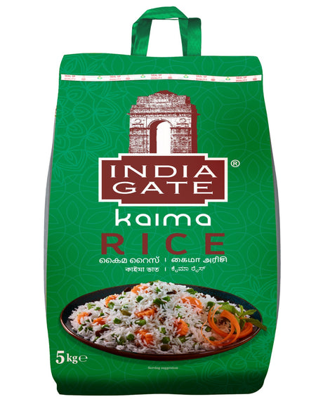 A pack of India Gate Kaima Rice, 5Kg, with branding and rice image on the front.