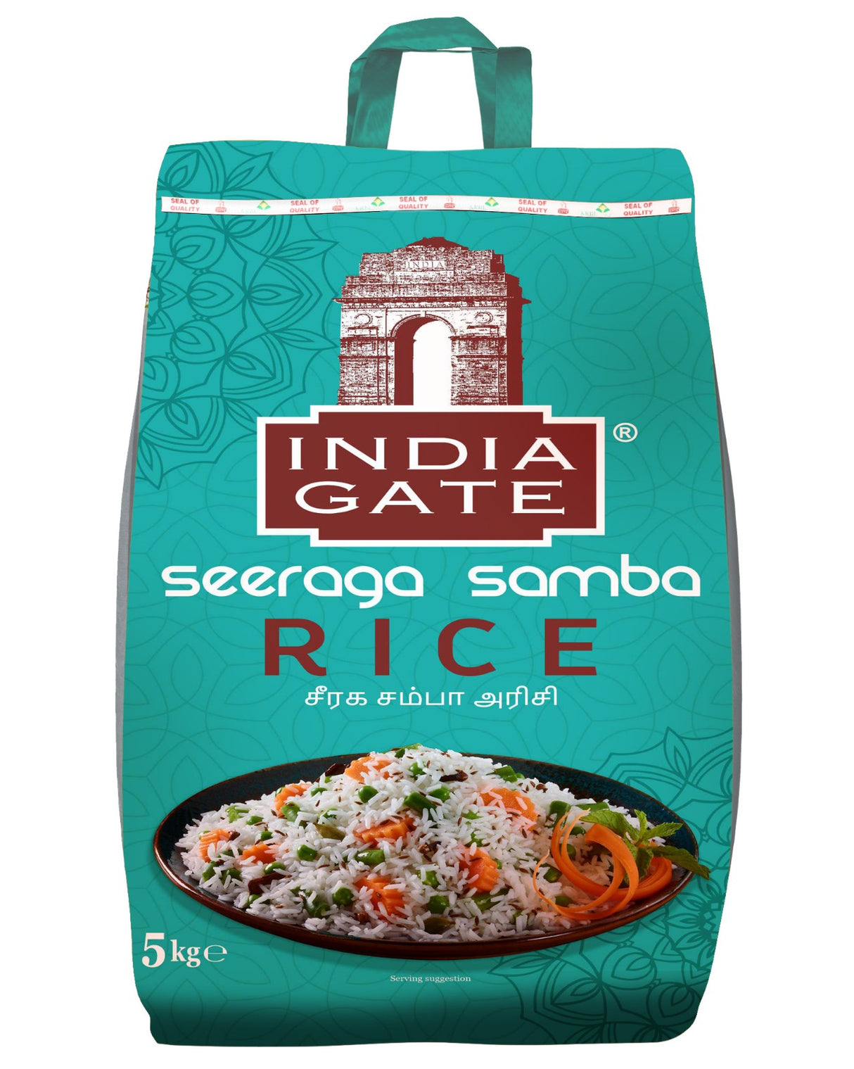 A pack of India Gate Seeraga Samba Rice, 5kg, with a picture of rice mixed with vegetables on the front.
