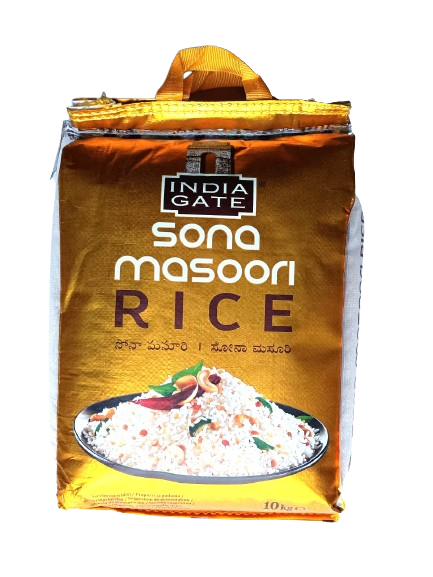 A pack of India Gate Sona Masoori Rice, 10Kg, with branding and product visible on the front.
