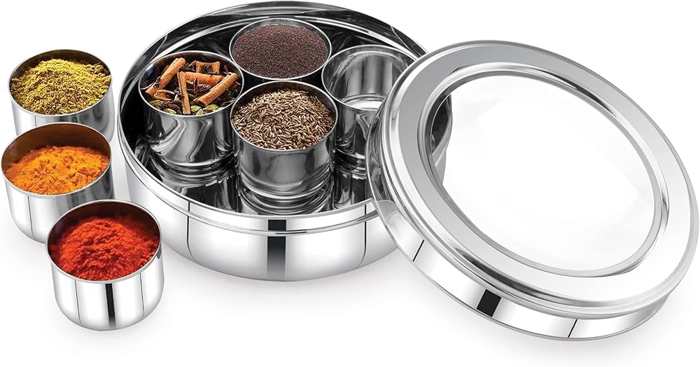 Masala Dabba | Spice Sorter Box | Anjaraipetti (See-through Glass Top Lid)