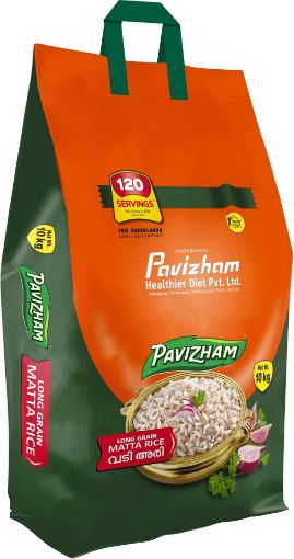 A package of Pavizham Palakkadan Vadi Matta Rice, 10Kg, predominantly orange and green in color with rice grains displayed on the front.