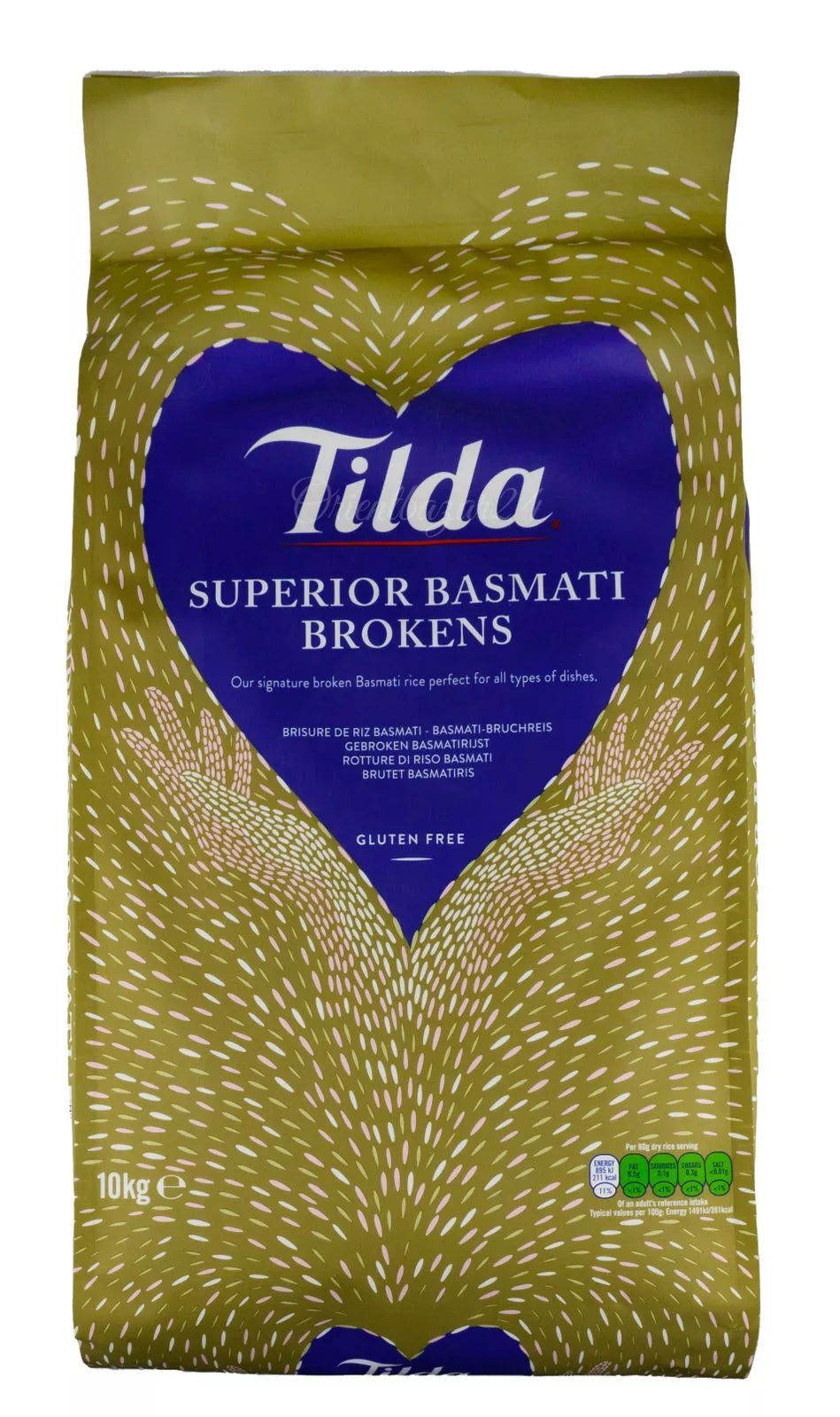 A package of Tilda Superior Basmati Brokens rice, 10kg, with branding and product visible through a clear window.