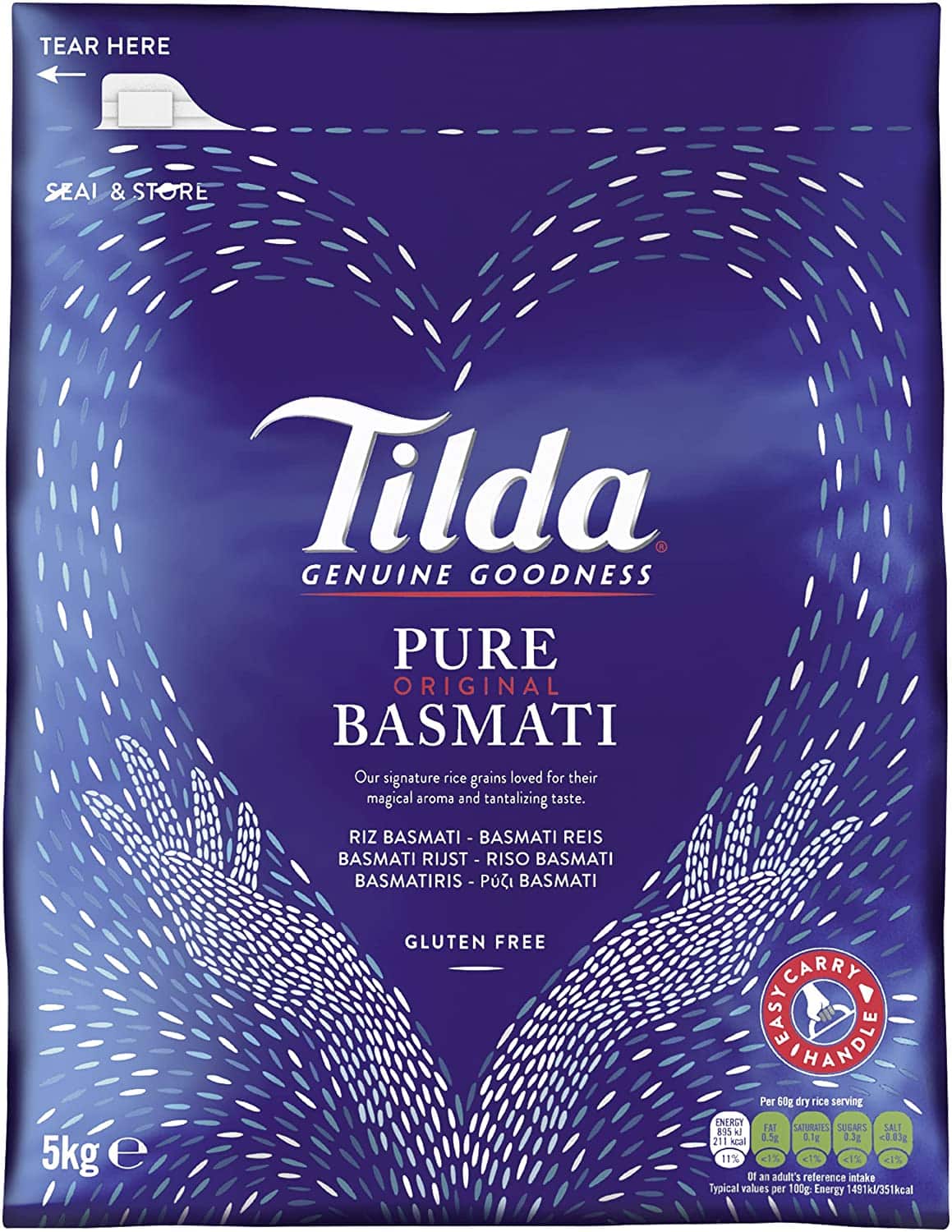 Packaging of Tilda Pure Original Basmati Rice with Saffron 5Kg, highlighting the rice grains and the 'Tilda Genuine Goodness' tagline, along with the gluten-free symbol.