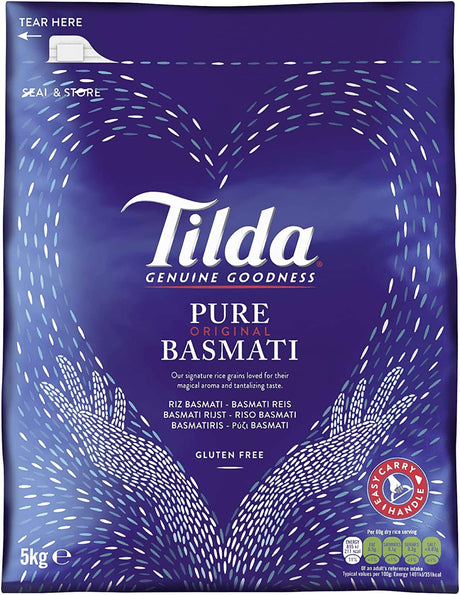 Packaging of Tilda Pure Original Basmati Rice with Saffron 5Kg, highlighting the rice grains and the 'Tilda Genuine Goodness' tagline, along with the gluten-free symbol.