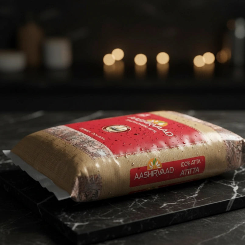 Packaged flour with Aashirvaad branding on a dark surface