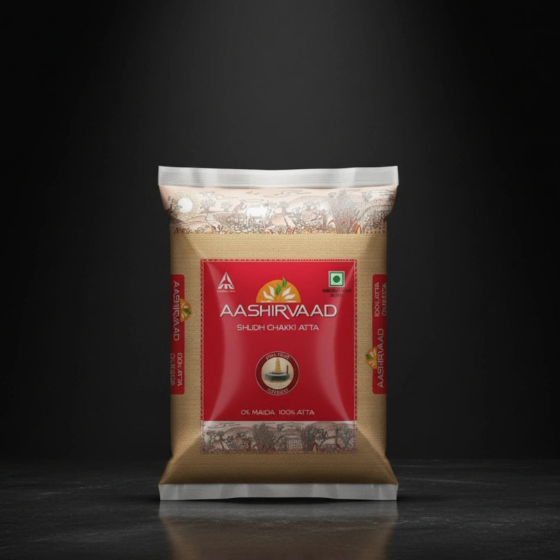Aashirvaad atta package on a black background