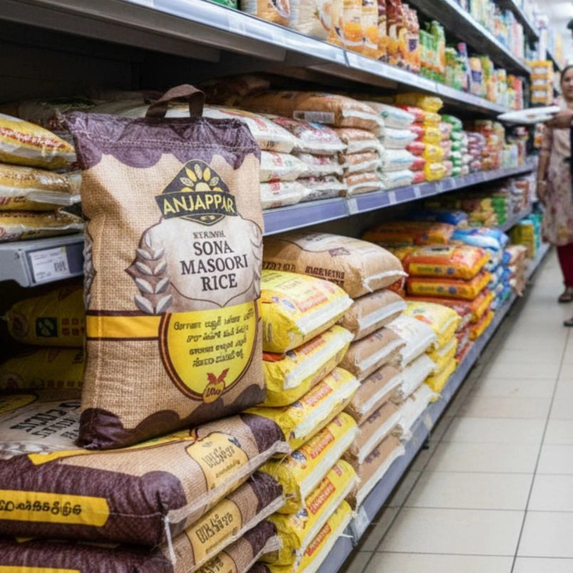 Stack of Anjappar Sona Masoori Rice bags on a grocery shelf with other products.