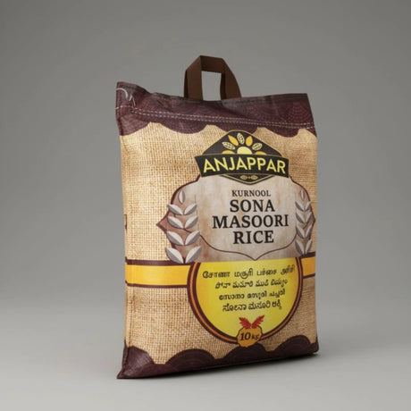 Anjappar Sona Masoori Rice bag on a gray background