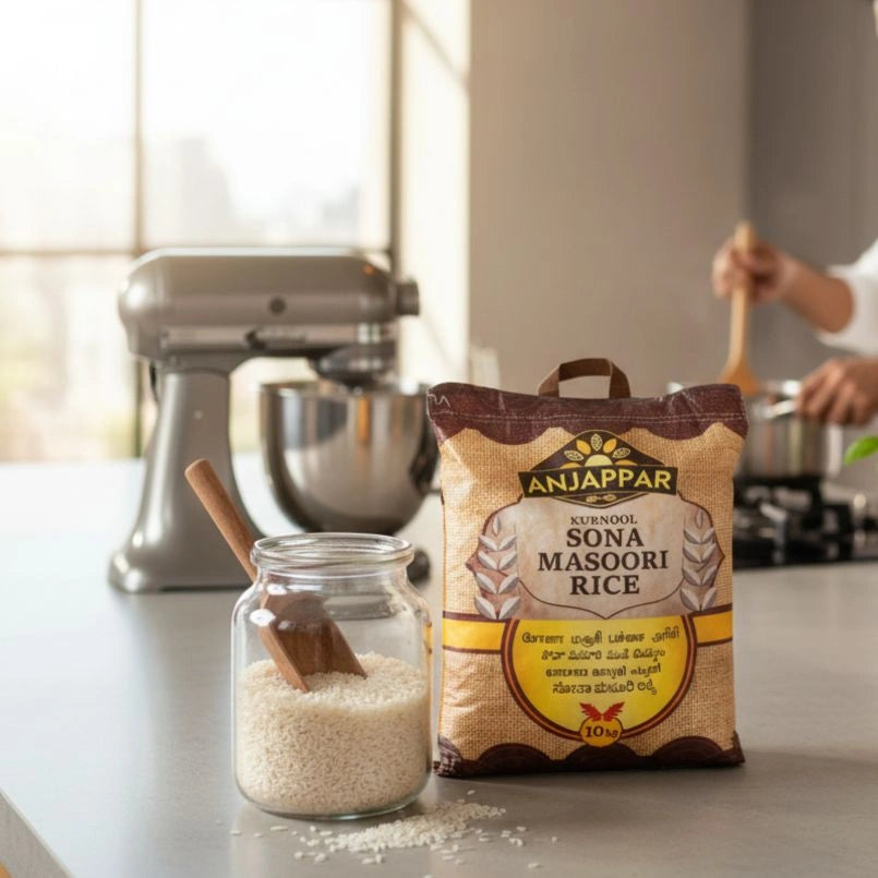 Anjappar Sona Masoori Rice package on a kitchen counter with a jar of rice and a mixer in the background.
