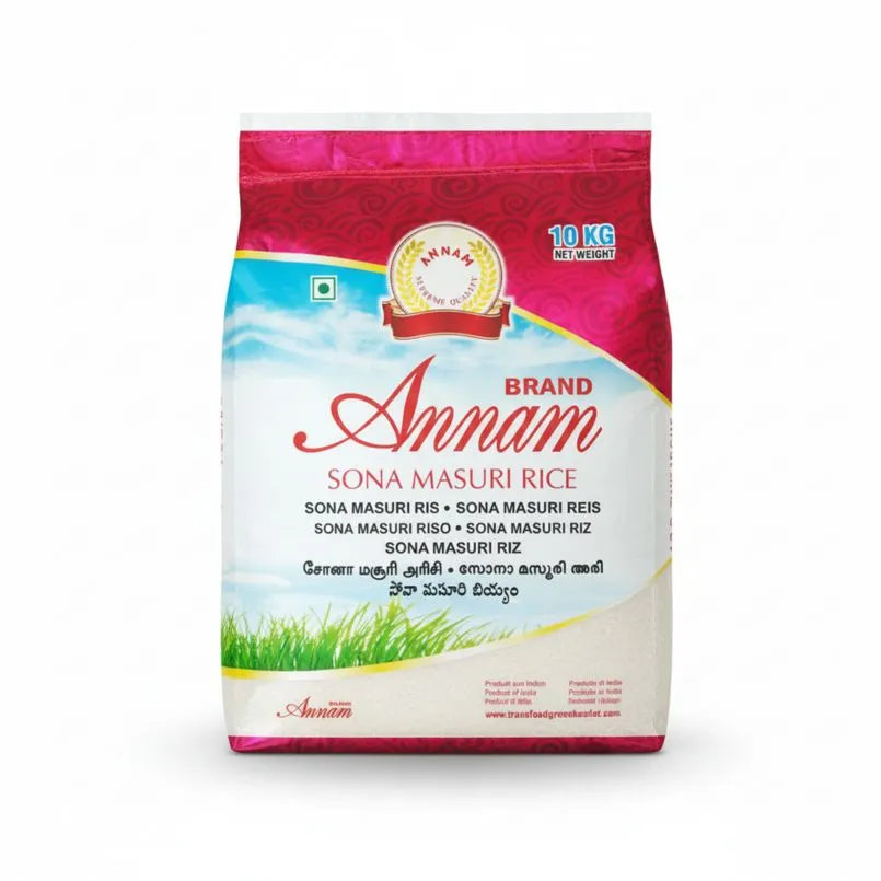 Annam Brand Sona Masuri Rice packaging on a white background
