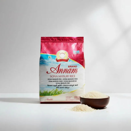 Annam Sona Masuri Rice bag with a bowl of rice on a white background