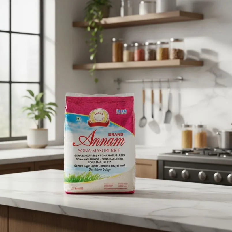 Bag of Brand Annam Sona Masuri Rice on a kitchen counter