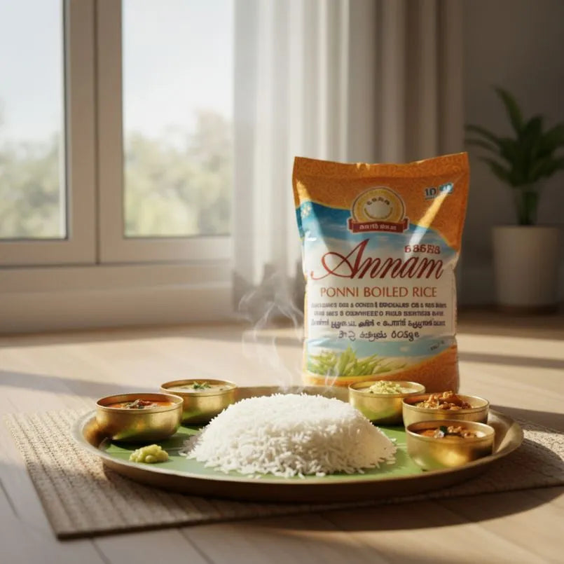 Annam Ponni Boiled Rice package with a platter of rice and side dishes on a wooden table.