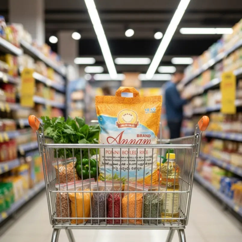Shopping cart filled with groceries in a supermarket aisle