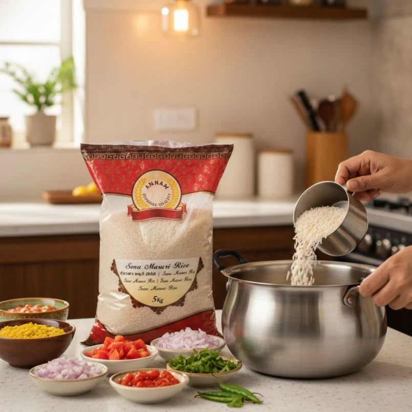 Person pouring rice from a bag into a pot with ingredients on a kitchen counter.