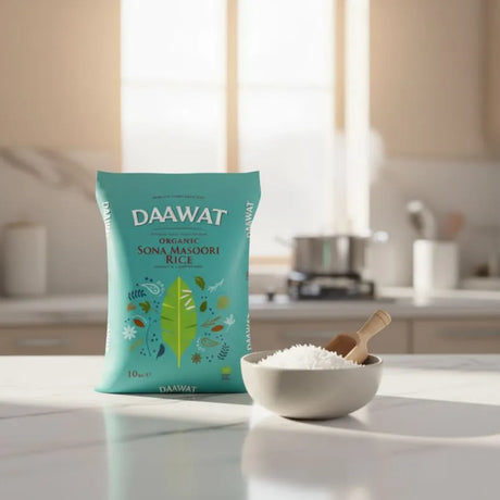 DAAWAT organic Sona Masoori Rice package on a kitchen counter with a bowl of rice.