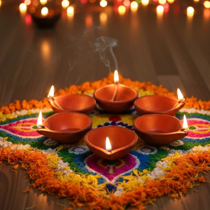 Decorative arrangement of lit oil lamps (diyas) on a colorful floral design with blurred lights in the background.