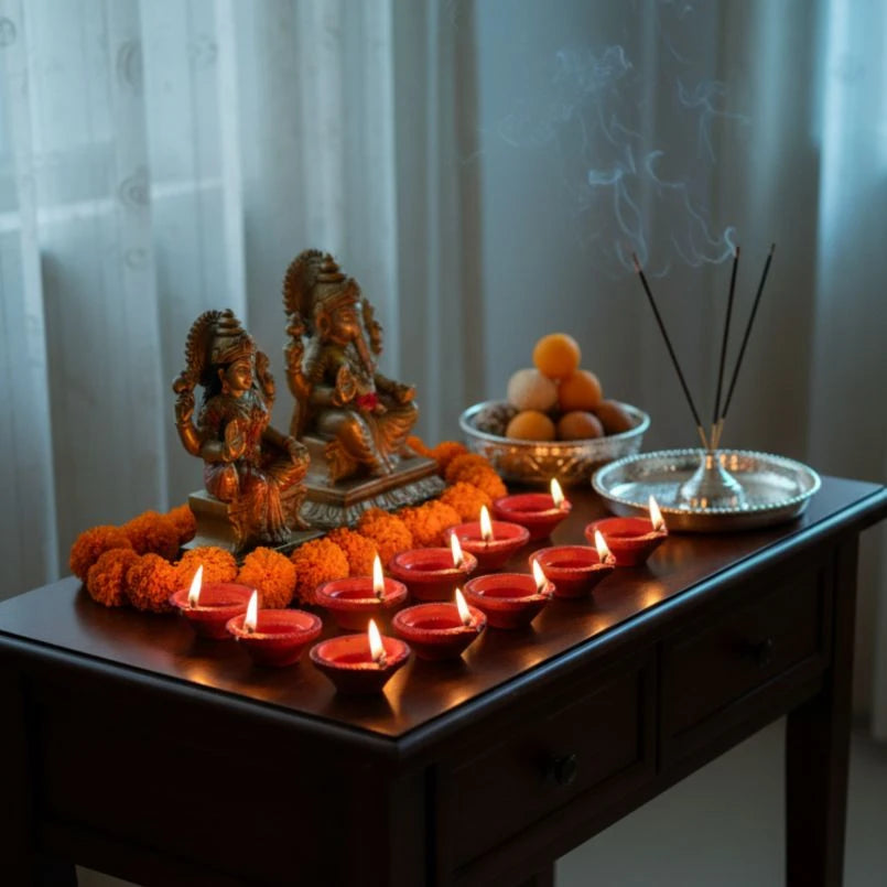 Decorative setup with statues, candles, and incense on a table.