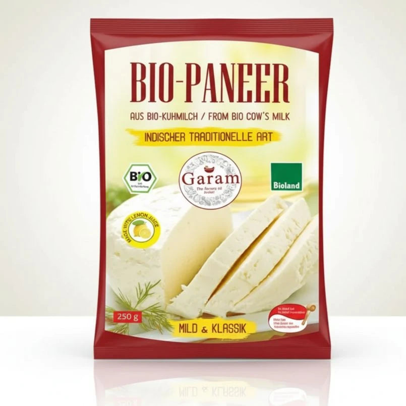 Packaged product labeled 'Bio-Paneer' with images of cheese on a white background