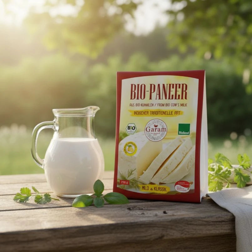 Bio-Paner package with a pitcher of milk on a wooden surface outdoors