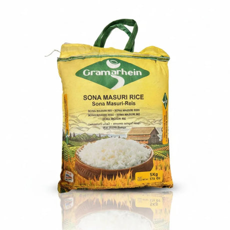 Bag of Gramarhein Sona Masuri Rice on a white background