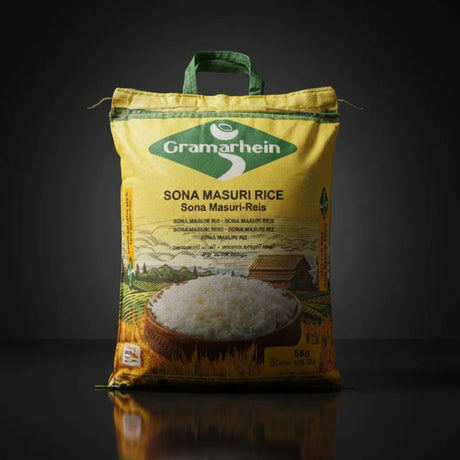 Bag of Gramarhein Sona Masuri Rice on a reflective surface with a dark background