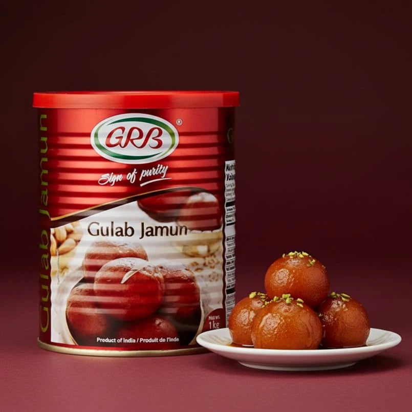 GRB Gulab Jamun packaging with a plate of gulab jamuns on a red background