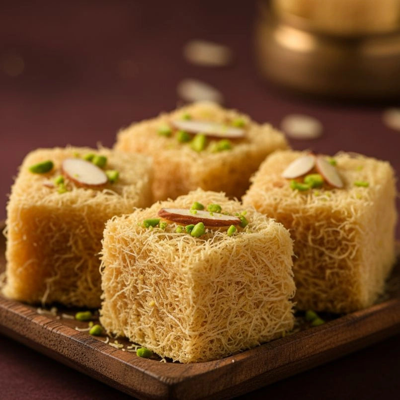 Square pieces of soan papadi with nuts and green seeds on a wooden plate.