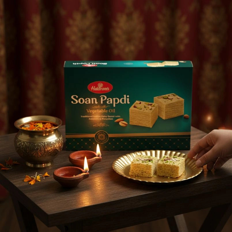 Box of Haldiram's Soan Papdi on a table with lit diya lamps and a hand holding a piece of Soan Papdi.