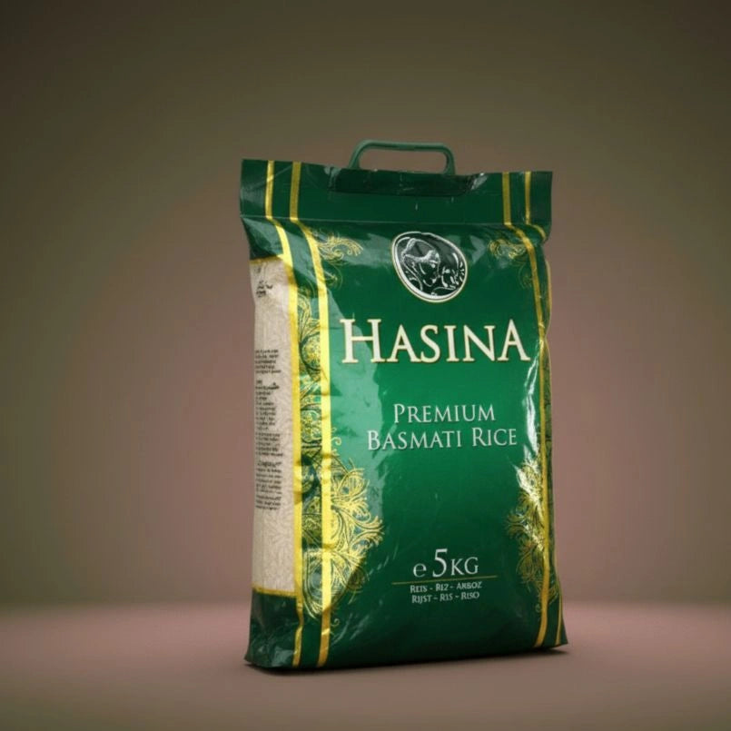 Green bag of Hasina Premium Basmati Rice on a brown background