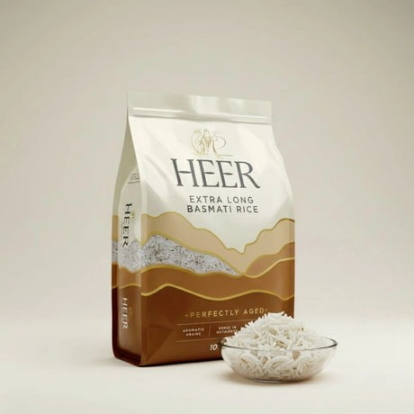 HEER Extra Long Basmati Rice packaging with a bowl of rice on a light background