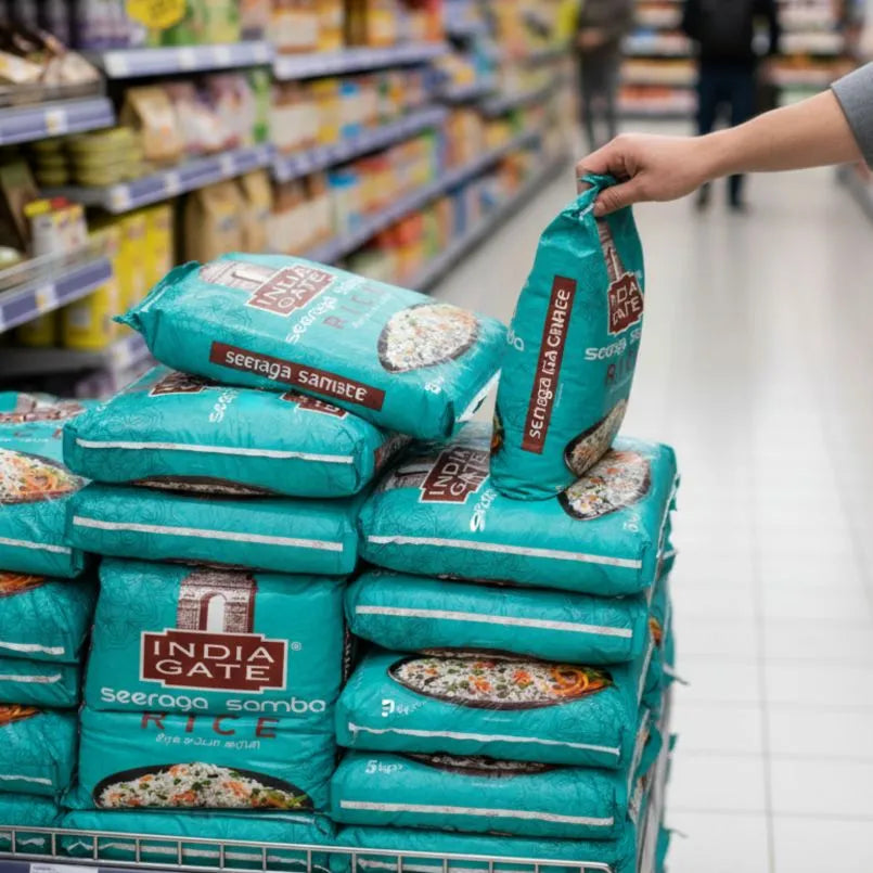Stack of India Gate rice bags with a hand reaching to take one, in a grocery store setting.