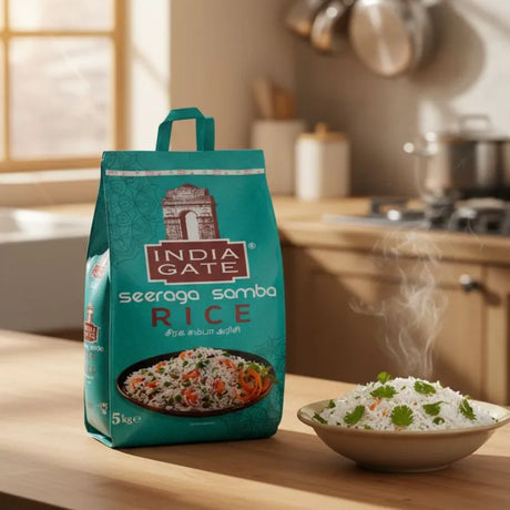 India Gate seeraga samba rice bag on a kitchen counter with a bowl of rice.