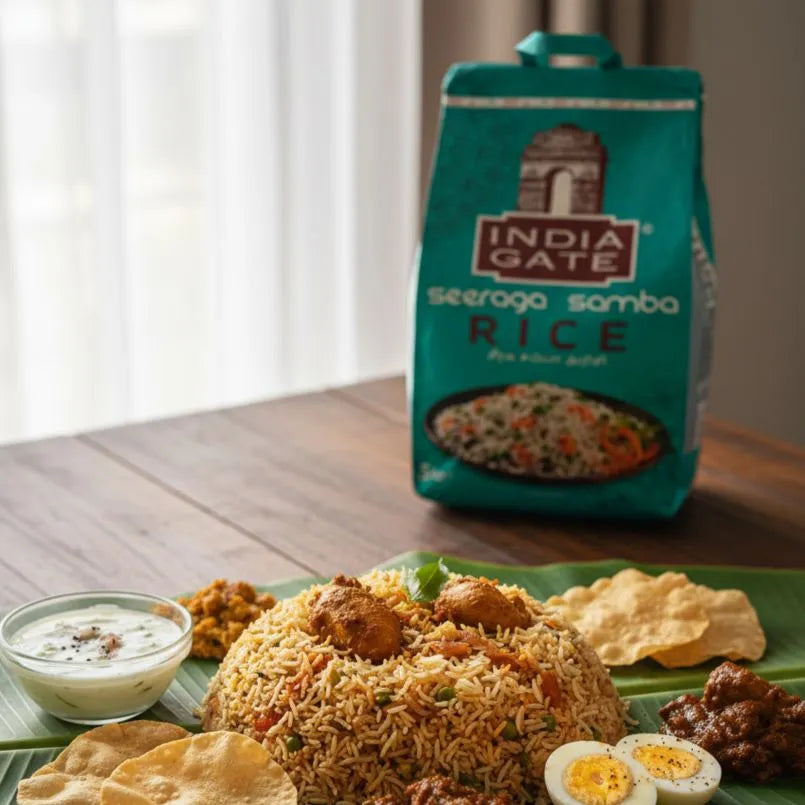 Indiagate rice package with a plate of food on a wooden table