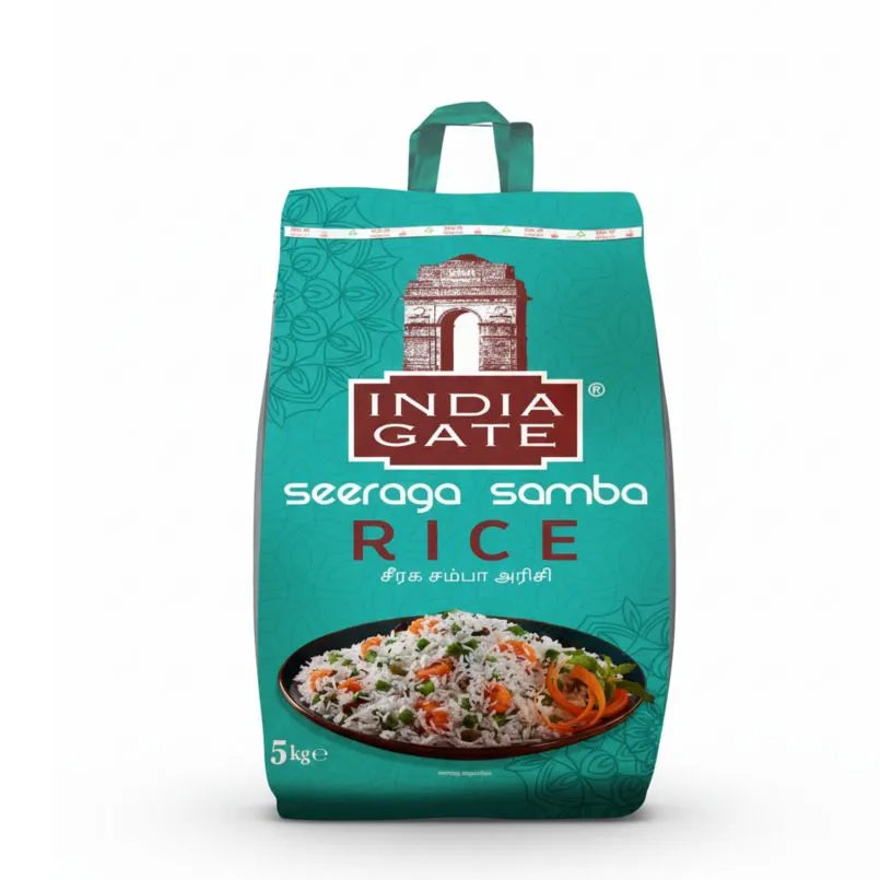Teal bag of India Gate seeraga samba rice on a white background