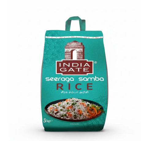 Teal bag of India Gate seeraga samba rice on a white background