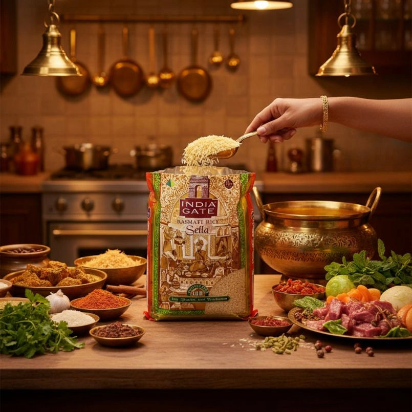 Person scooping India Gate Sella rice from a bag in a kitchen setting with various ingredients.
